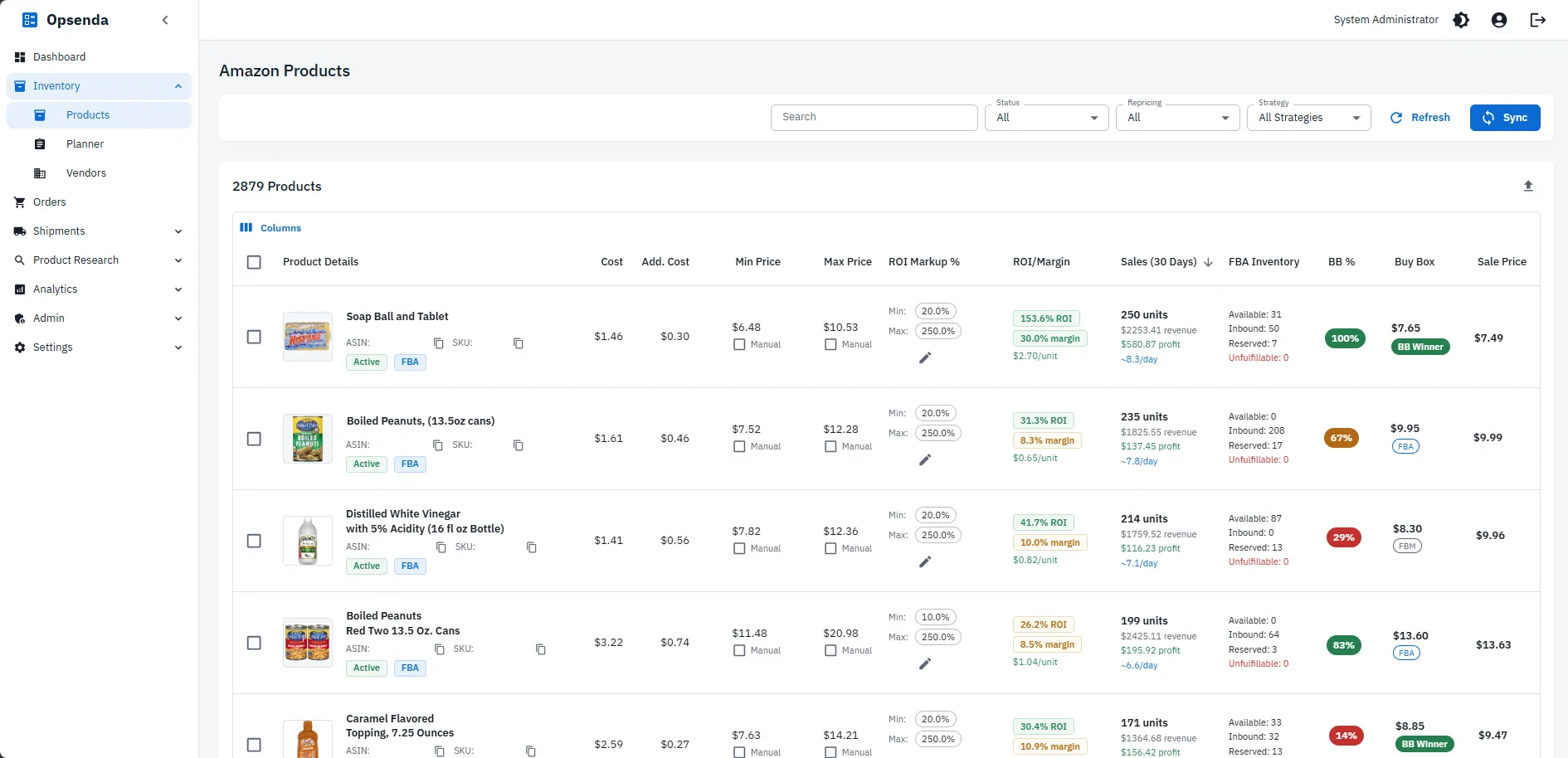 Product catalog with unit costs, min and max price bounds, ROI markup rules, 30-day sales, FBA inventory counts, and buy-box win rate per product.