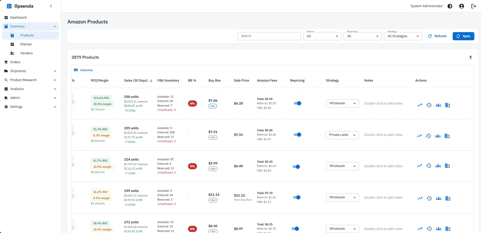 The same product list scrolled to its repricing controls — marketplace fees, a repricing on/off toggle, and a pricing strategy selector per product.