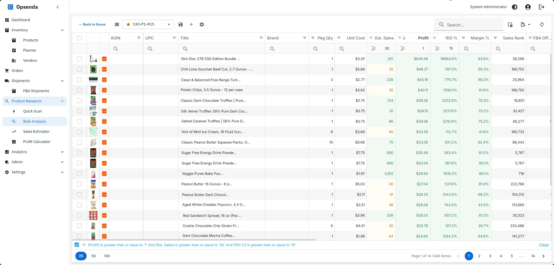 Bulk analysis results grid — a 346-item supplier price list scanned against live marketplace data, showing unit cost, estimated sales, profit, ROI, margin, and sales rank per product, filtered to profitable items.