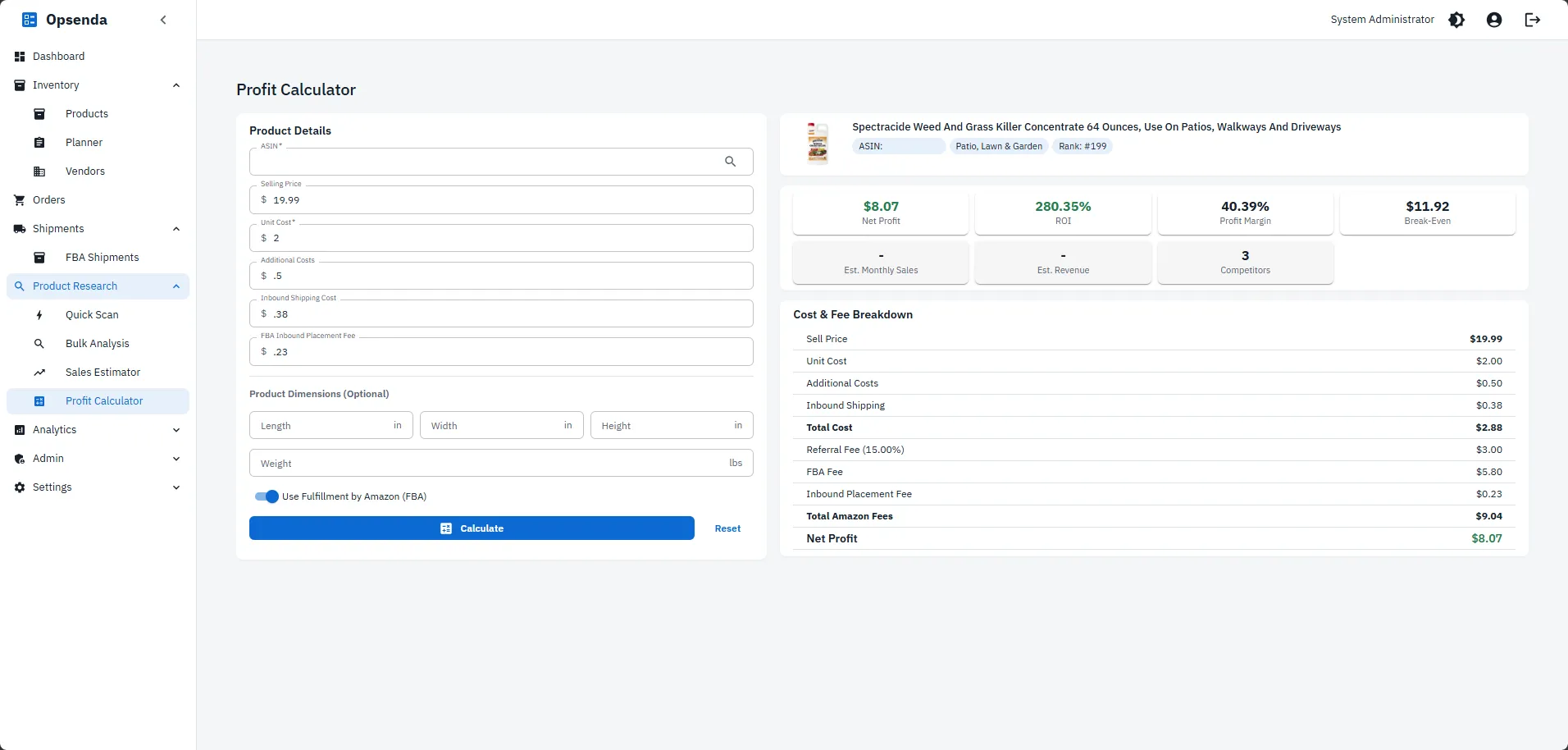 Opsenda profit calculator showing a product's cost and fee breakdown — sell price, unit cost, shipping, marketplace fees — with net profit, ROI, margin, and break-even price.