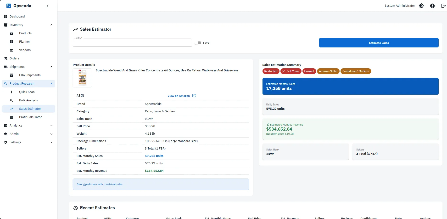 Sales estimator showing a product's estimated monthly sales of 17,258 units and estimated monthly revenue, with sales rank, seller count, and restriction, hazmat, and confidence indicators.