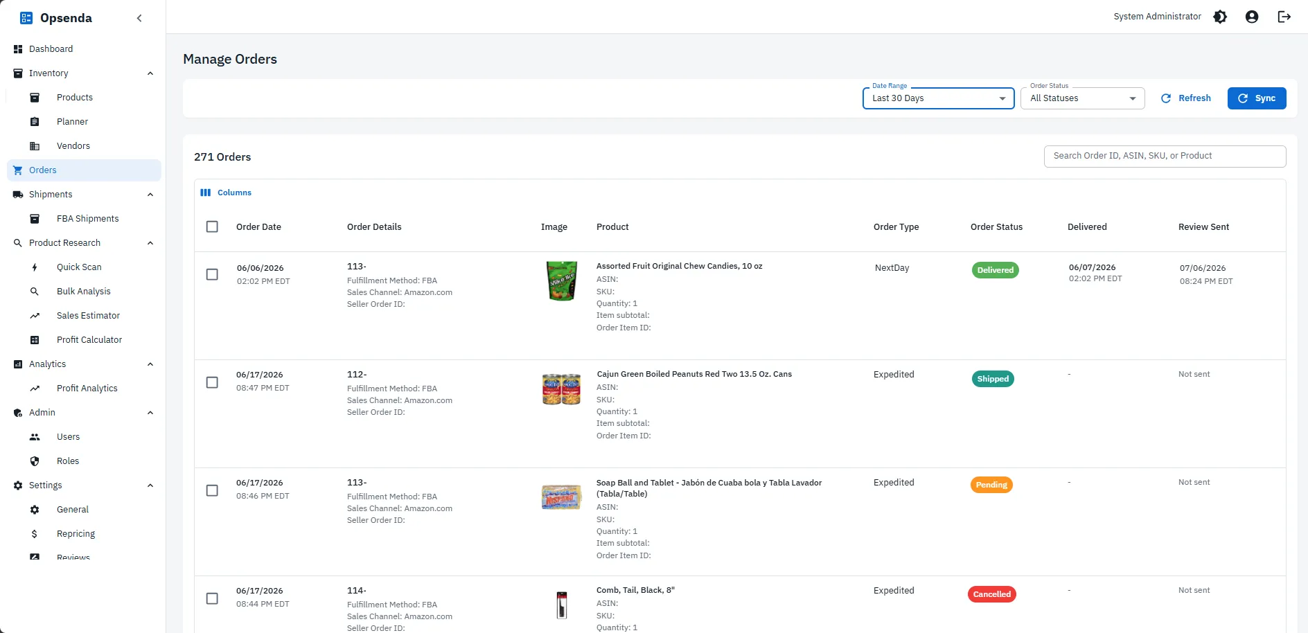Order list with review-request tracking — each order shows fulfillment method, order type, delivery status, and whether a review request has been sent, with the send date recorded per order.