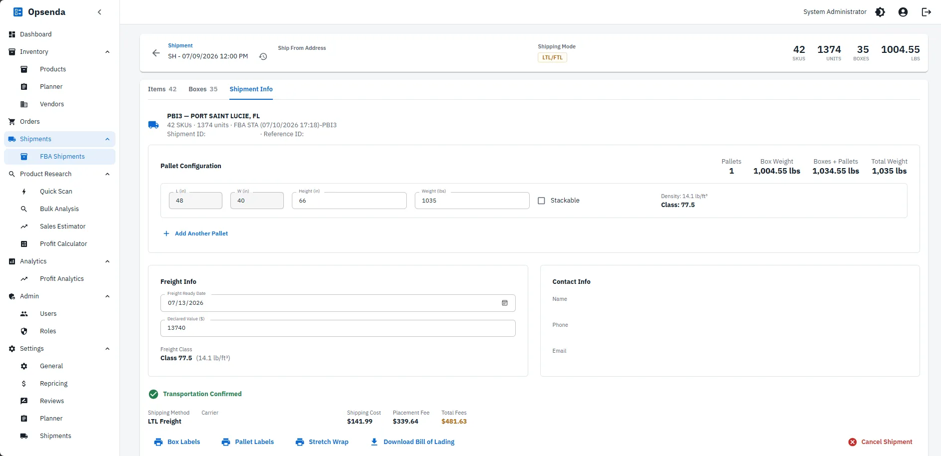 Confirmed LTL freight shipment — pallet configuration with freight class and density, declared value, shipping and placement fees, and downloads for box labels, pallet labels, and the bill of lading.