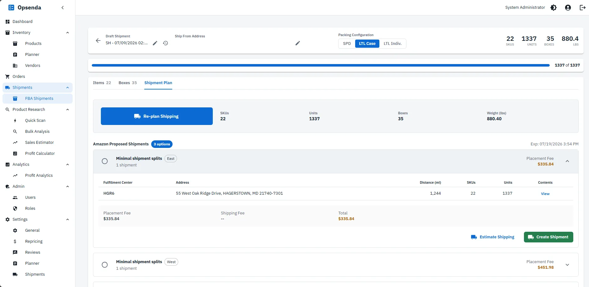 Opsenda shipment plan screen comparing proposed shipment options for a 1,337-unit LTL case-packed draft, with fulfillment center, distance, and placement fee for each option.